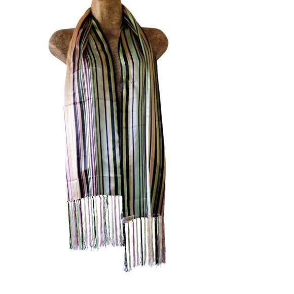 Striped 100% Silk Scarf With Fringe By Talbots Multicolor Stripes - Picture 3 of 11